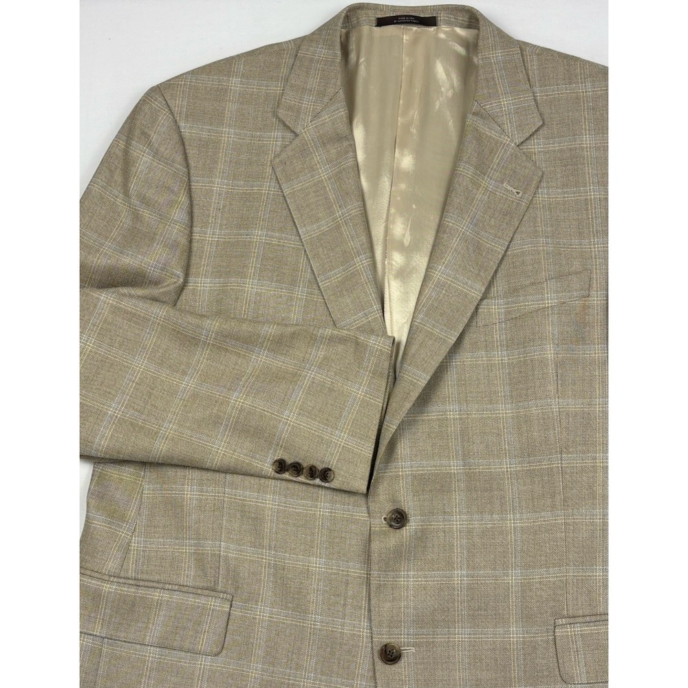 VTG Joseph Abboud Silk/Wool Sport Coat 46L Beige w/Ivory/Light Blue Windowpane